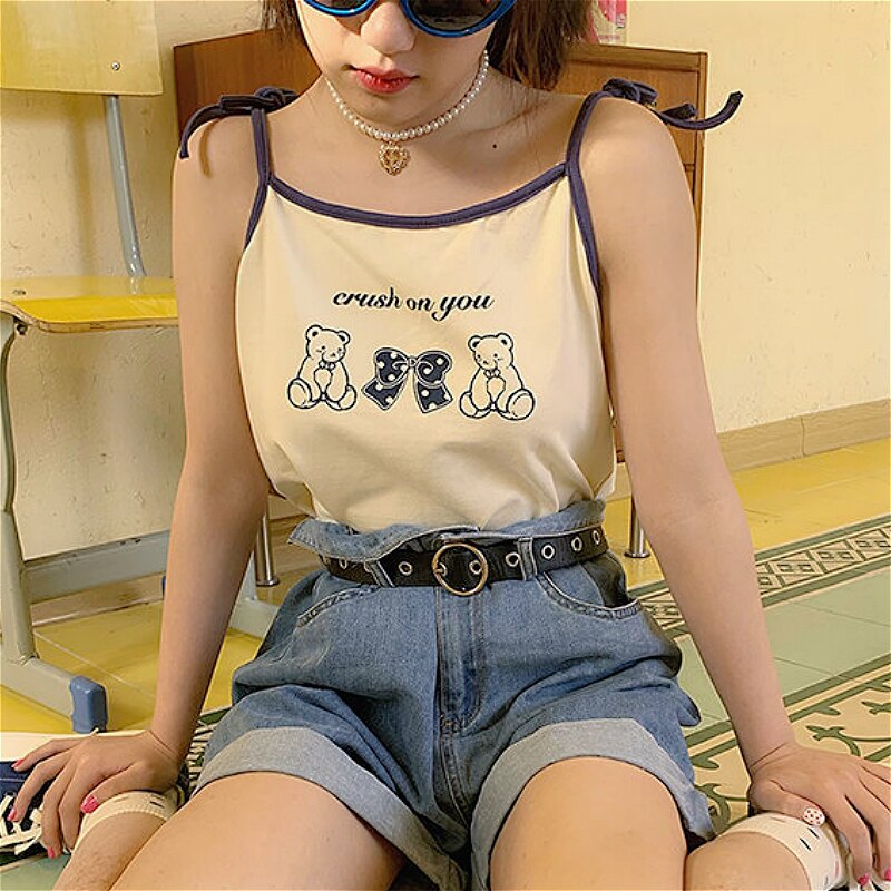 Camisole femmes Kawaii dessin animé japon Style été Chic à lacets femmes sangle recadrée hauts à la tout-match doux filles Camis haut: bllue / L