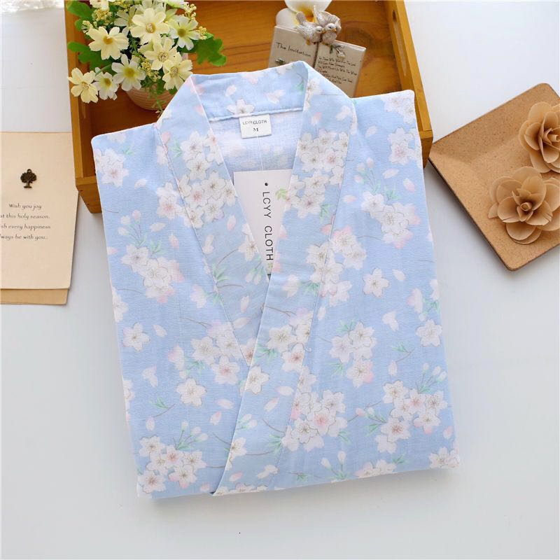 Pyjama traditionnel japonais Yukata en coton, Kimono, costume de printemps, pantalon à manches longues, col en v, imprimé fleur de cerisier,: Blue / L