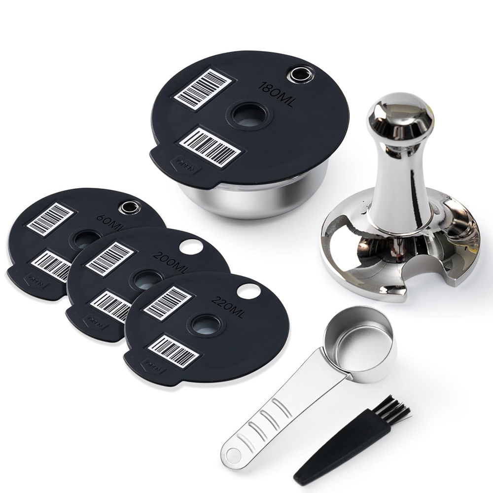 Cápsulas Tassimo reutilizables de acero inoxidable con 4 tapas de silicona negras compatibles con máquina Bosch Tassimo: Gris claro