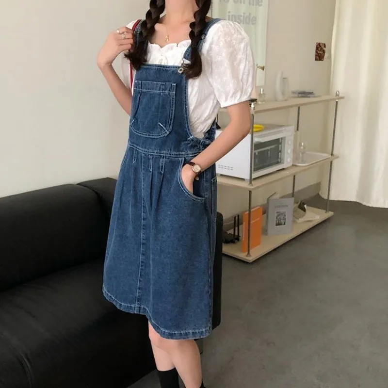 Denimkjol med hängslen dam vintagetvätt blå a-linjeformad casual sommar ett stycke koreansk kjol med  y2k remmar dam