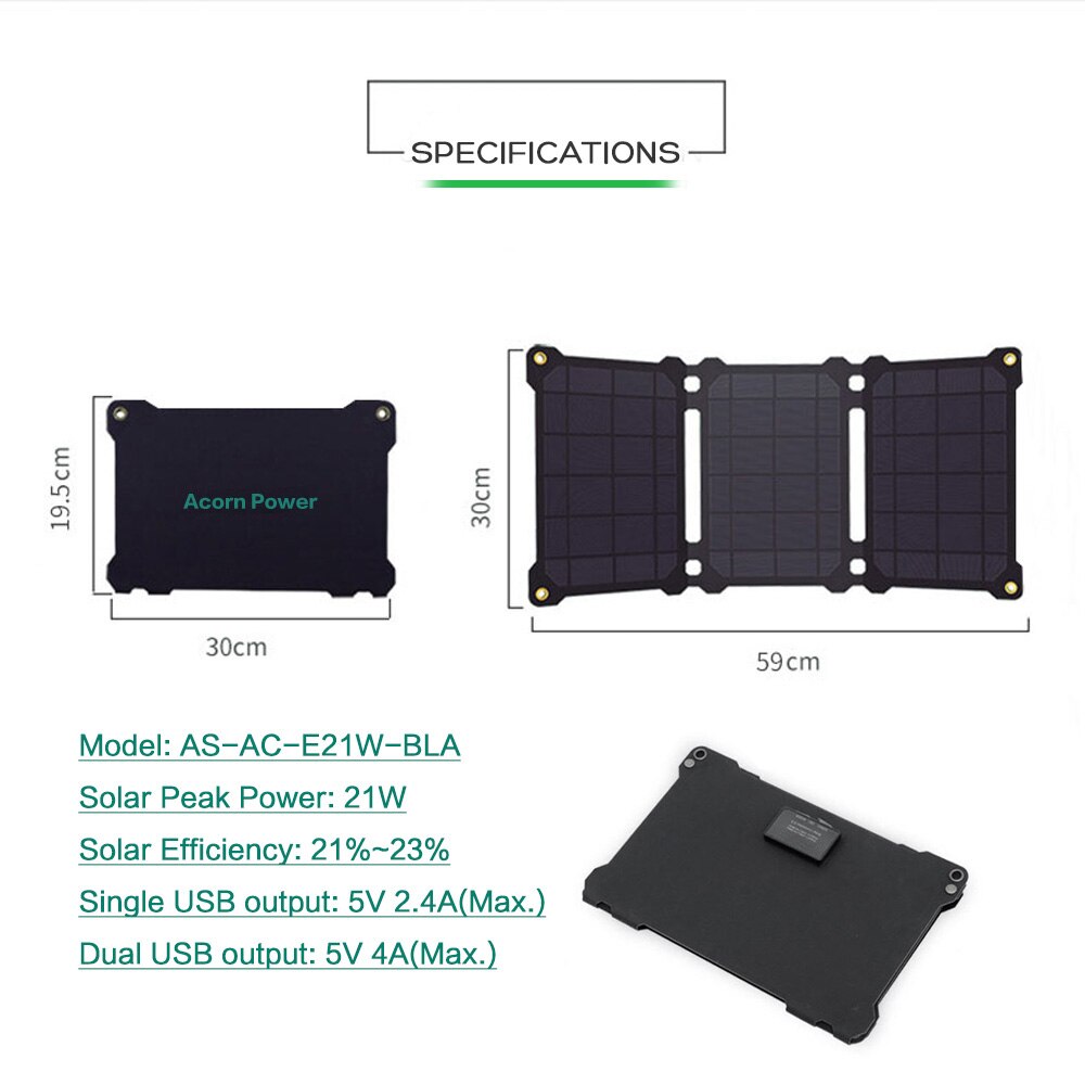Acorn Power – chargeur de panneau solaire 5V 21W, chargeur de téléphone Portable pour l'extérieur, charge solaire étanche et rapide
