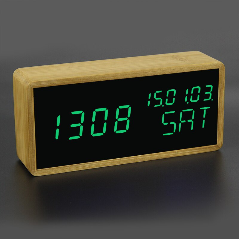 100% Bamboo Digital Alarm Clock Wooden LED Table Clock Electronic Despertador Desk Brightness Voice Snooze Control Temperature: 88-Green