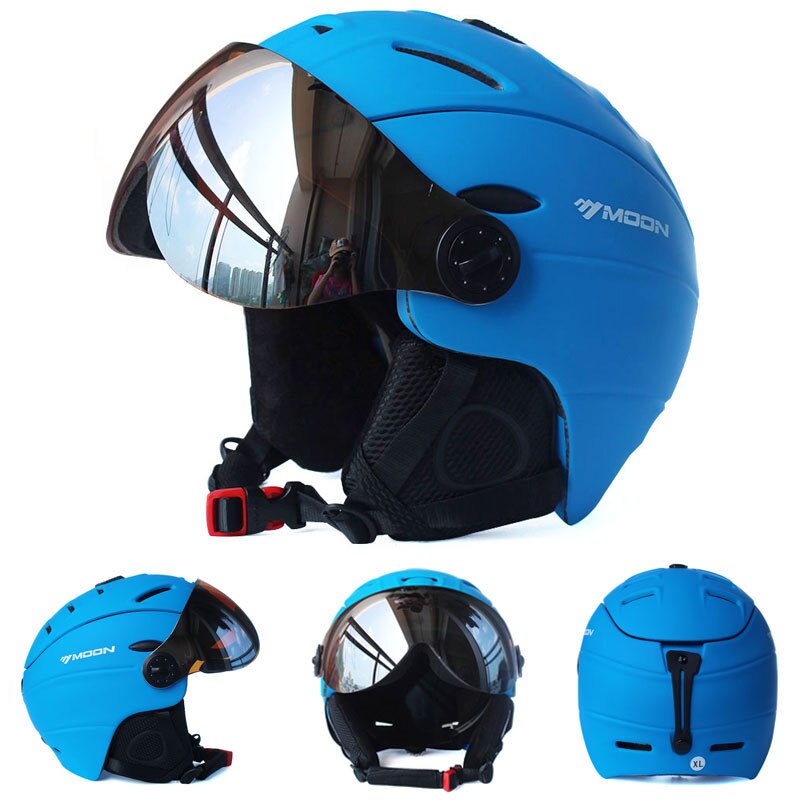 MOON Half-covered Ski Helmet Integrally-molded Sports man women snow Skiing Snowboard Helmets with Goggles cover: Blue / L(58-61cm)