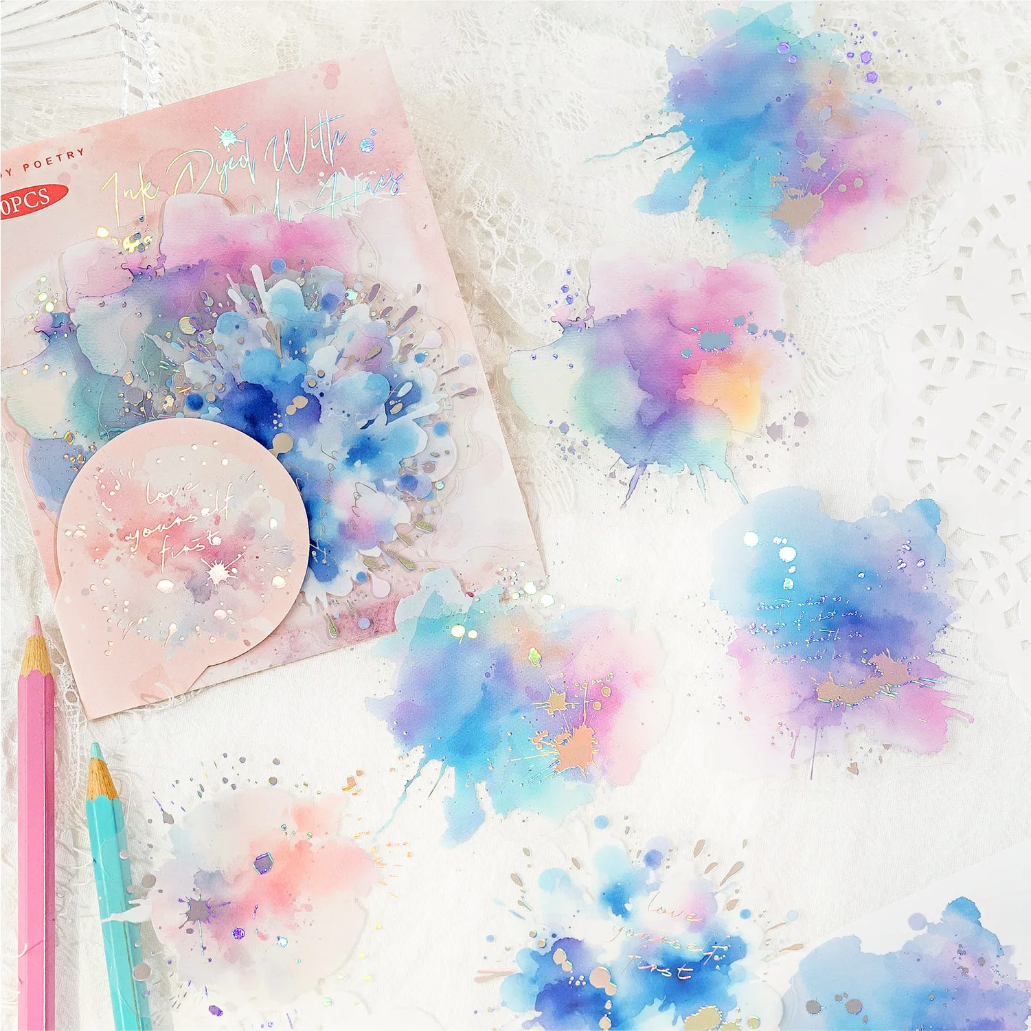 10 Pcs Colorful Series Decorative Sticker Watercolor Foil Stamping Collage Scrapbooking Label Diy Diary Journal Planner
