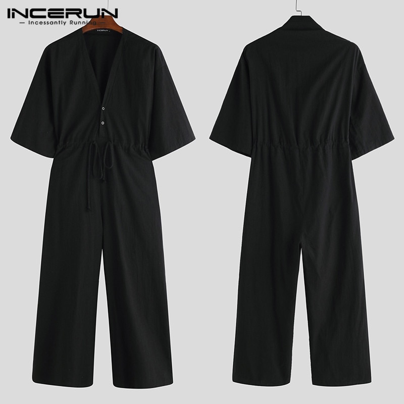 Incerun herre jumpsuit med brede ben solid punk v-hals halværmede overalls streetwear herrebukser baggy afslappede bukser 5xl