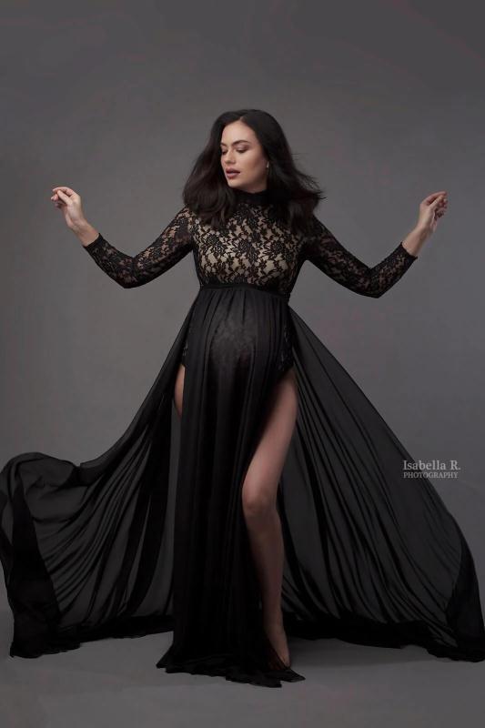 neue Mutterschaft Spitze Kleid Kleider für Foto Schießen Schwangere Gesamt + Chiffon Schwangerschaft Fotografie Requisiten Q0411: Schwarz / M