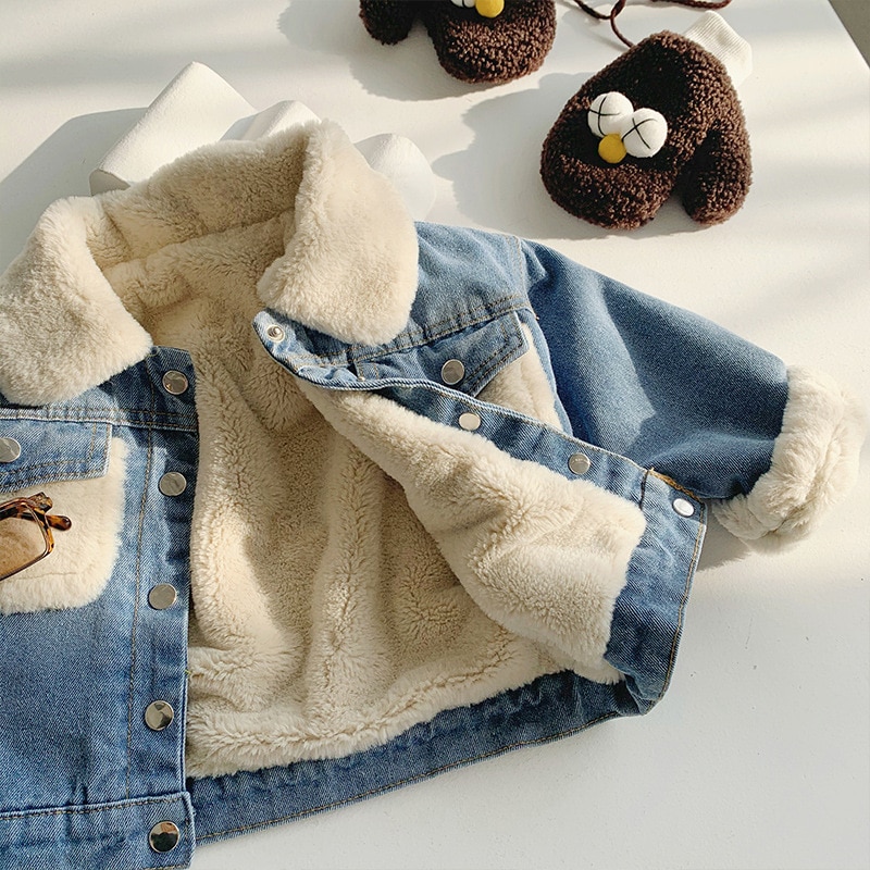 Baby Jungen Mädchen Dicke Warme Denim Jacke Winter Turndown Kragen Tasche Fleece Futter Kinder Herbst Kleidung Oberbekleidung Tops