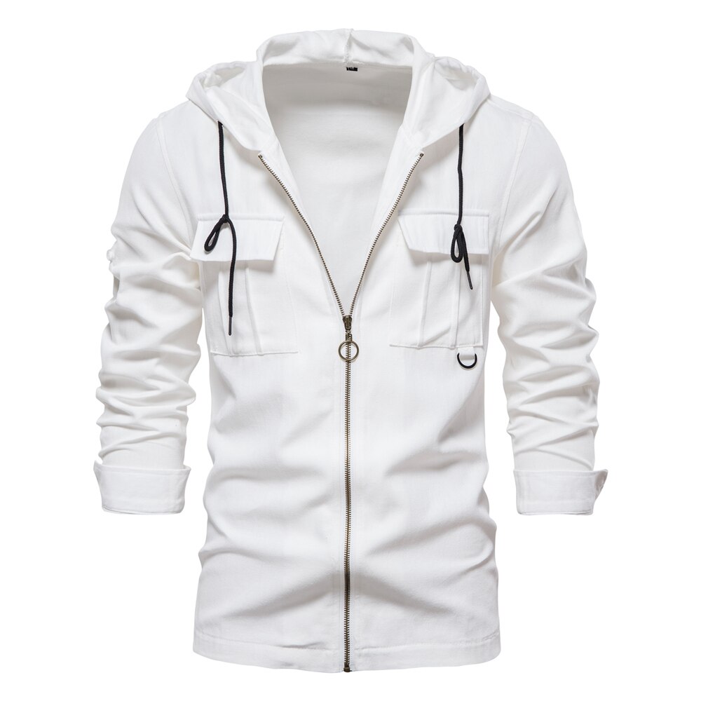 AIOPESON Spring 100% Cotton Hooded Thin Jacket for Men Long Sleeve Pocket Slim Fit Retro Zipper Mens Shirts Outwear Men Clothing: White / USA M 60-70 kg