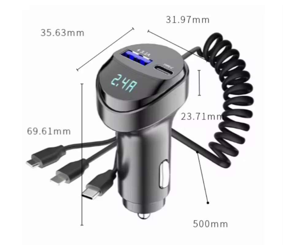 Snel opladen 55W auto multifunctionele 2 poorten USB-autolader Drie-in-één USB intrekbare oplaadkabel met spanningsweergave