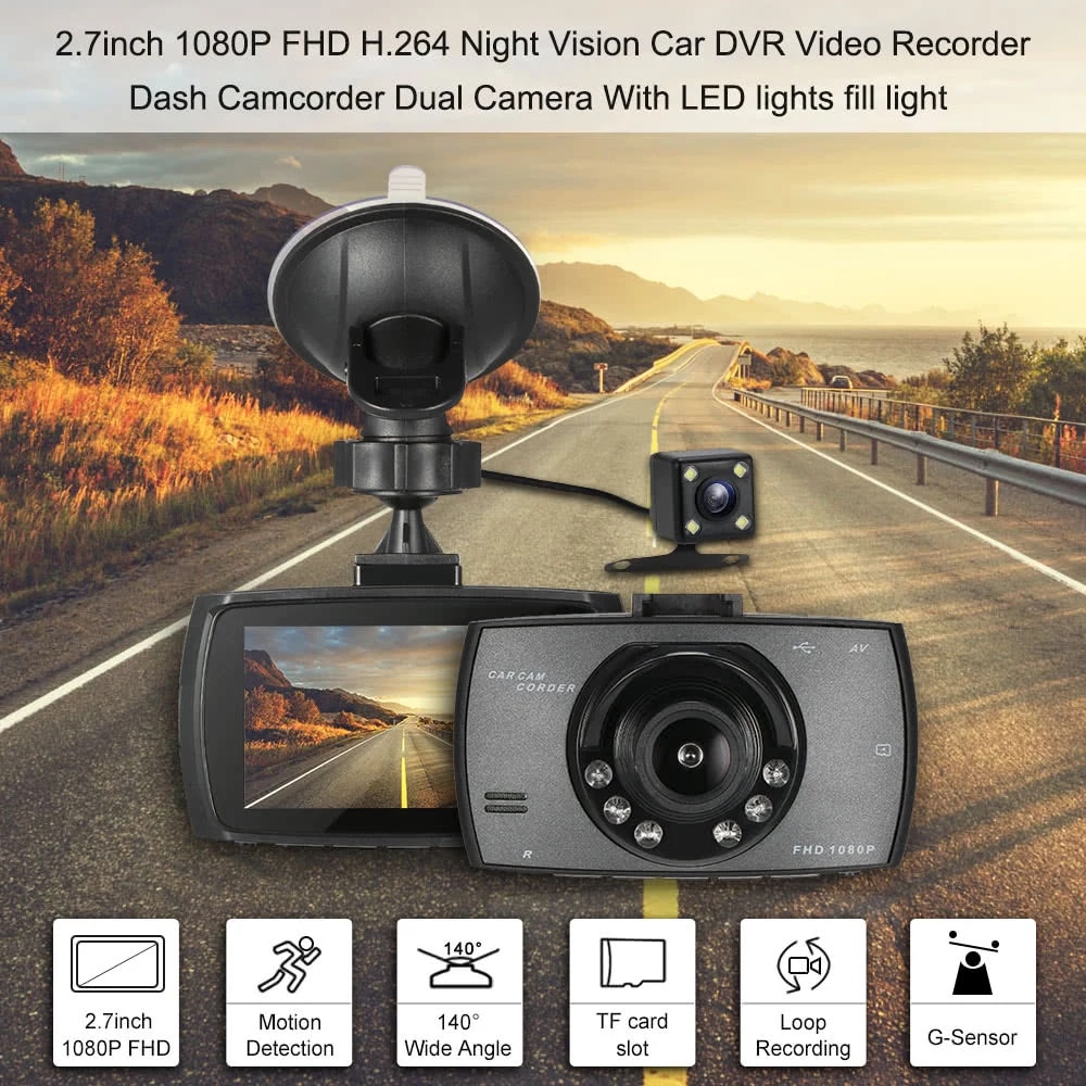 Junihome fuld  hd 1080p bil dvr 2.7 tommer ips skærm bilkamera dual lens dash cam videooptager nattesyn g-sensor