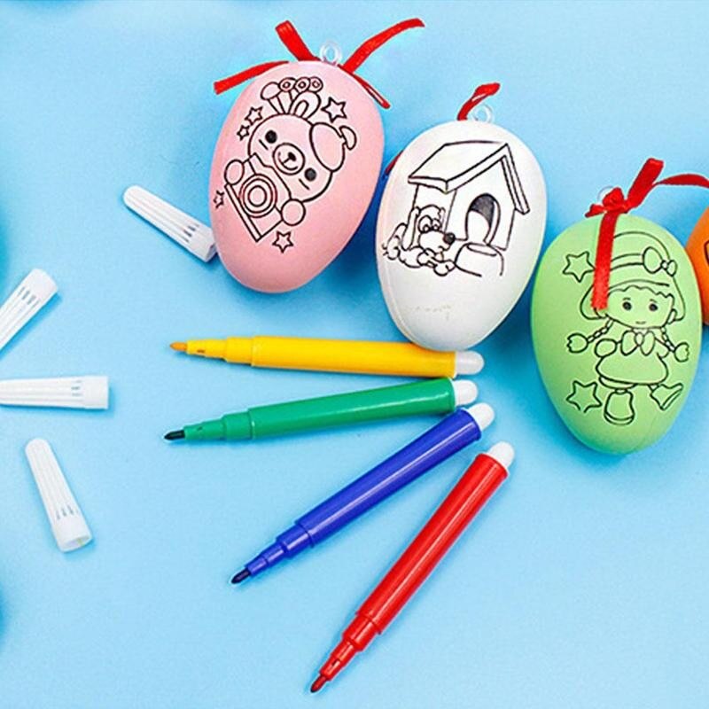 1pcs Cute Easter Eggs And 4pcs Color Pens Diy Hand Painted Eggs For Kids Interaction Puzzle Educational Learning