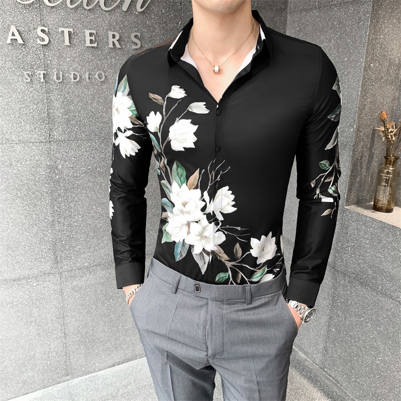 Autumn Winter Shirt Men Korean Slim Fit Floral Shirts for Men Clothing All Match Long Sleeve Men Casual Shirts Club Tuxedo