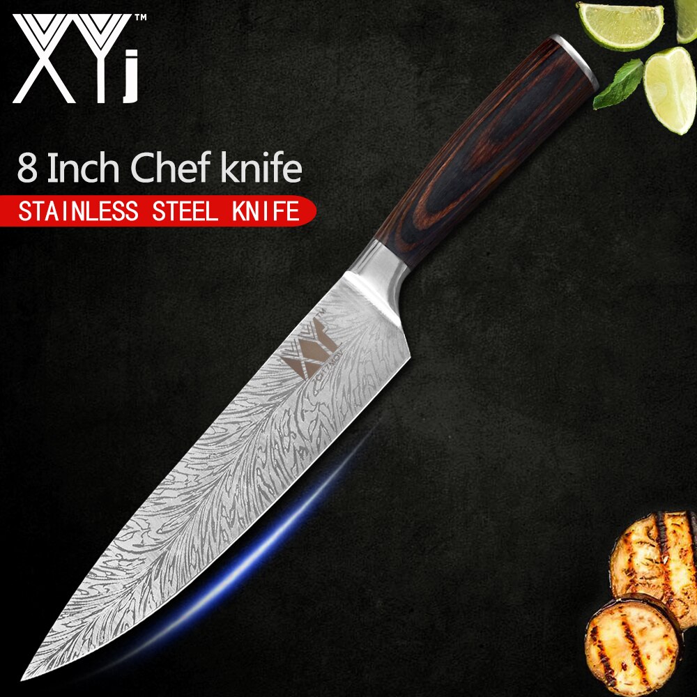 XYj Stainless Steel Kitchen Knives Set 8'' INCH Knife Storage Box Holder Damascus Pattern Veins Blade Full Tang Blade Accessory: 8 inch chef