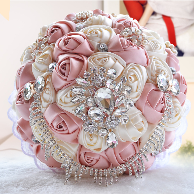 Ramo de flores de color rosa y champán para Novia, accesorios de boda, ramo de cristal para Novia, ramos de boda: pink