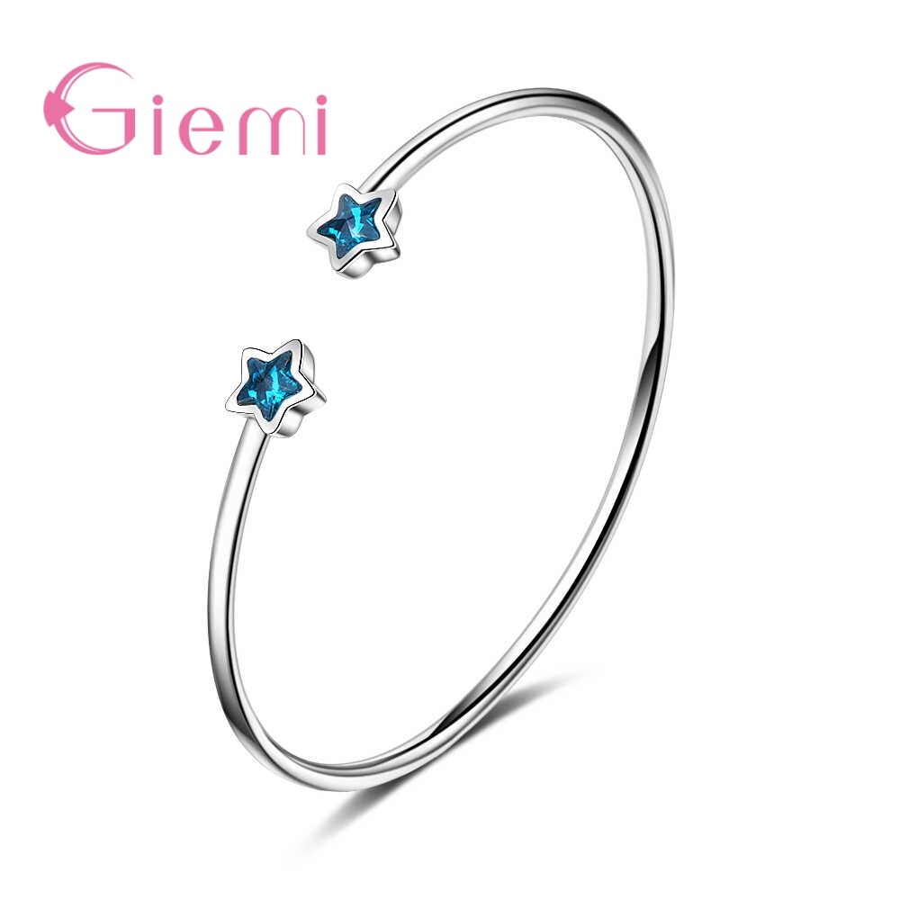 Pulsera abierta de Plata de Ley 925 para mujer, Simple, dos lindos, estrella azul, joyería de San Valentín, de amor