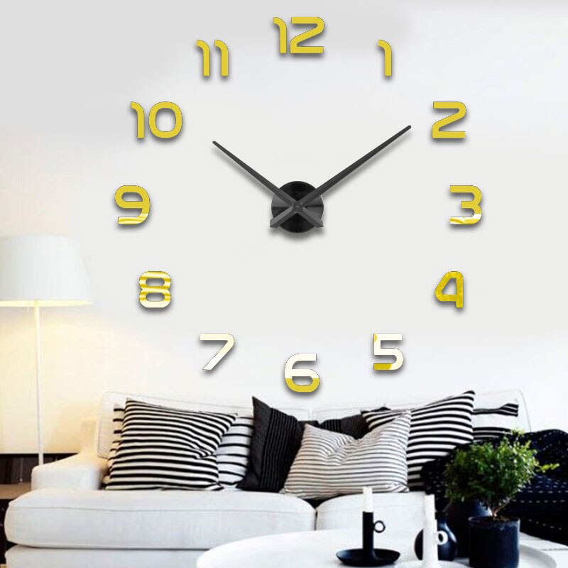 Horloge murale de grande taille, miroir autocollant de 3D, décoration bref de salon, pour salle de meeting, bricolage: Gold Black Center / 47inch(3D)