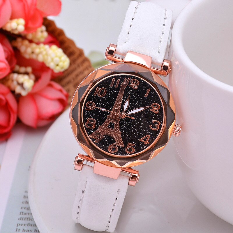 Casual Starry Sky Watches for Women Leather Band Ladies Quartz Wrist Watches Women Watches Laides Clock Relogio Feminino: White Color