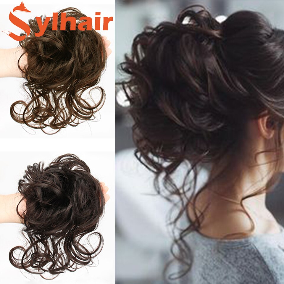 Sylhai-moño de pelo rizado sintético para mujer, moño marrón desordenado con cuerda elástica para el cabello, banda de goma, extensiones de cabello