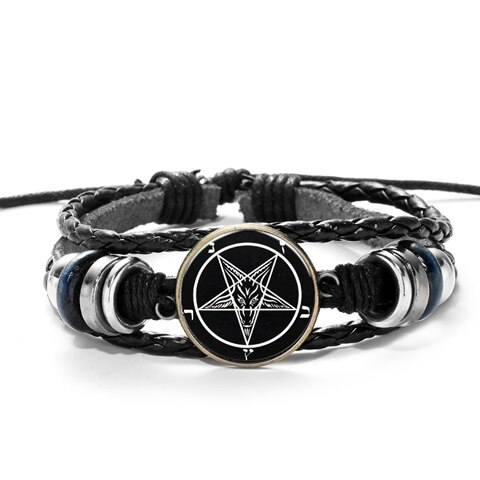 Red Goat Head Braided Bracelet Men Retro Bronze Pentagram Pattern Leather Bracelets Bangle Satanism Gothic Style: Style 1