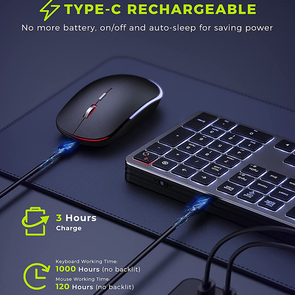 Kabellose Tastatur mit Hintergrundbeleuchtung, 2,4 G USB, leise kabellose Tastatur mit Hintergrundbeleuchtung, wiederaufladbares, schlankes Tastatur- und Mausset in voller Größe