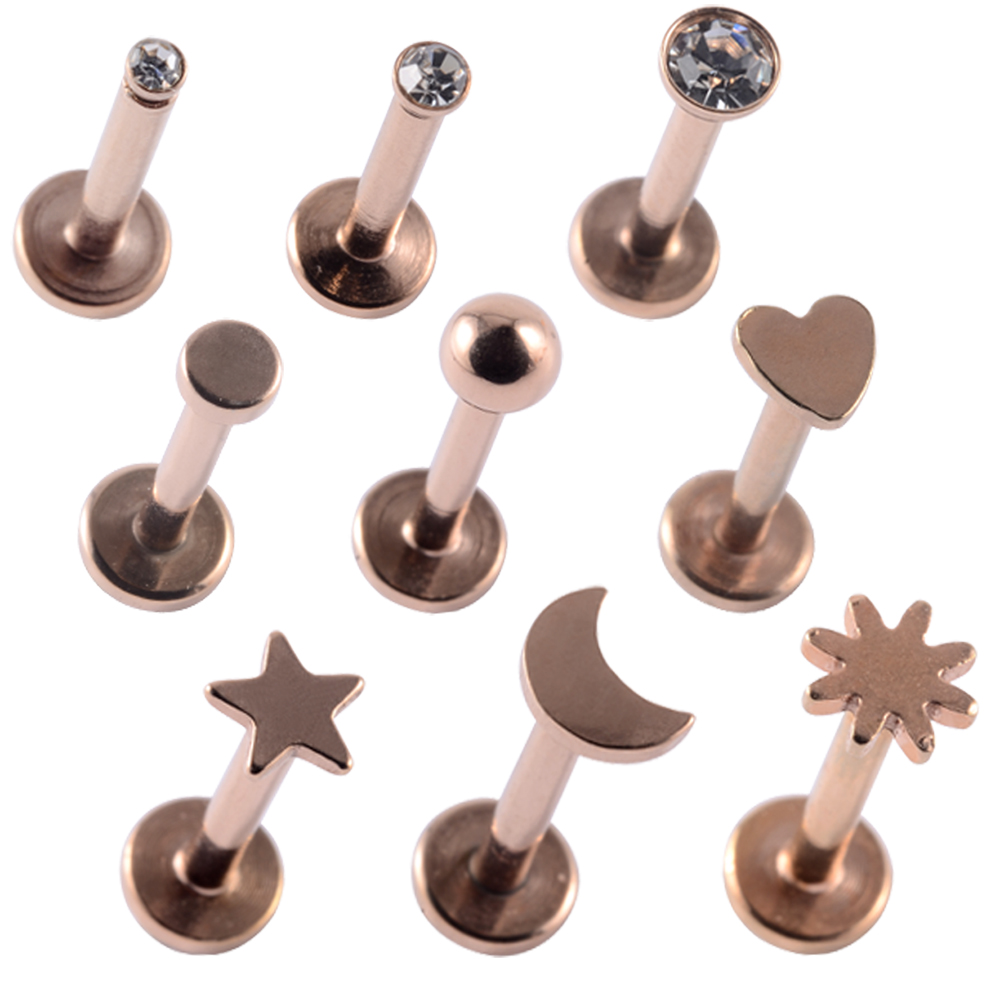 Pendientes de Labret de acero quirúrgico, Piercing de labio de formas mixtas, estrella, Luna, corazón, oreja, cartílago, Tragus, joyería con rosca interna, 9 unidades por lote: Negro / Bañado en rodio de imitación