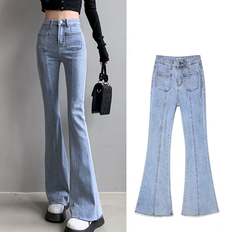 Blue Bell Bottom Jeans Women Personality Pocket Patchwork High Waist Wide Leg Jeans Y2k Stretch Skinny Denim Flare Pants