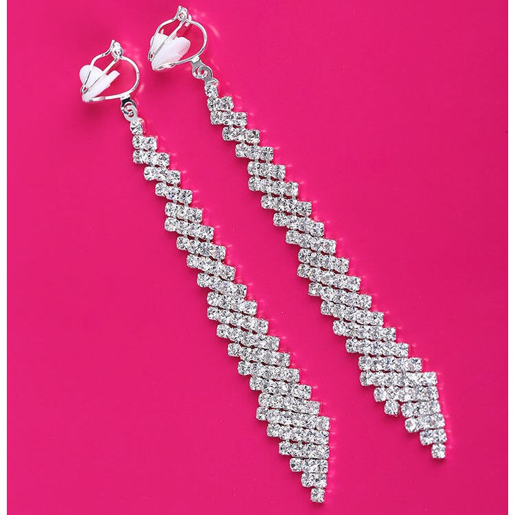GRACE JUN Full Rhinestone Long Dangle Clip on Earrings Women&#39;s Party Wedding Boho Earrings Jewelry Ear Clip: Silver Clip-on