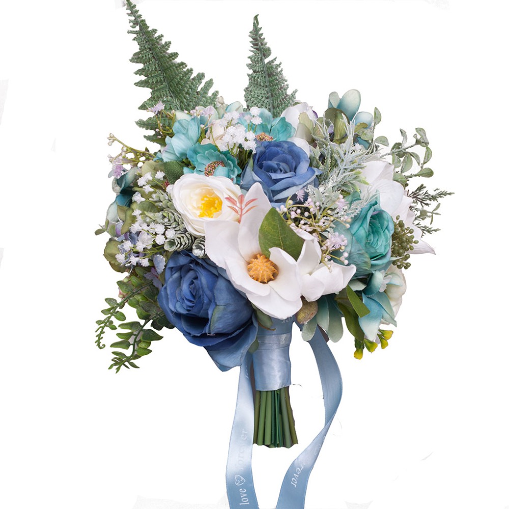 JaneVini Elegante Land Stijl Blauw Bruids Zijde Rozen Bruidsboeketten Ramos Flores Kunstbloemen Buket voor Bruiloft