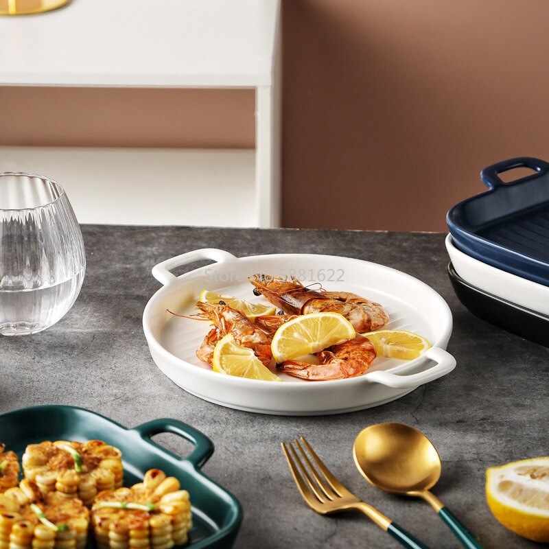 Ceramic Baking Plate Round Porcelain Dinner Dish Special Snack or Bread Plate with Handle Bakeware