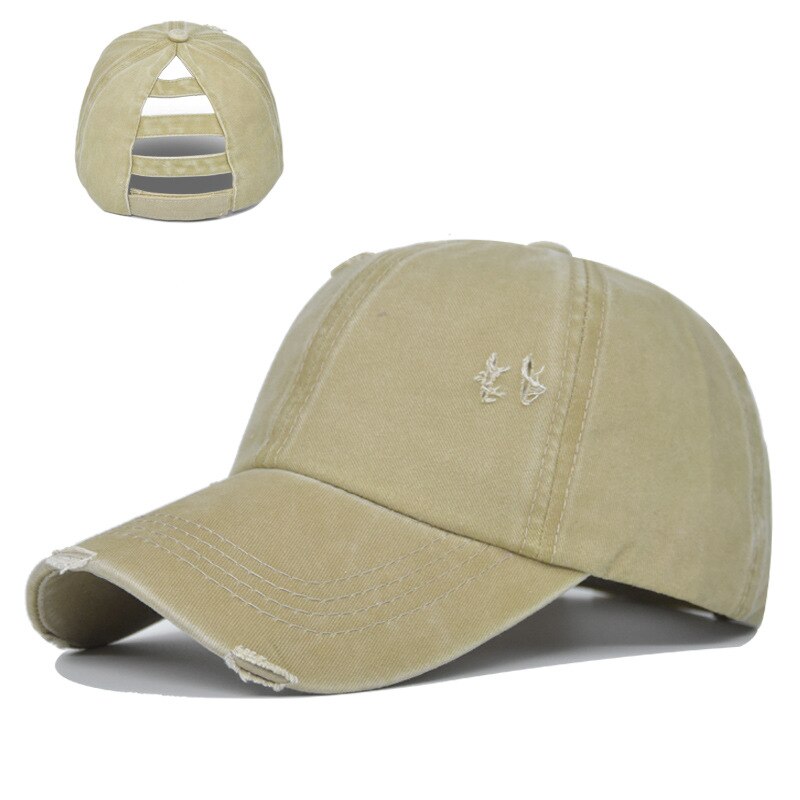 Boné de beisebol buraco lavado nova primavera sólida sunhat homens mulheres verão algodão snapback bonés hip hop chapéu de pesca retro rabo de cavalo viseira: Khaki Cap