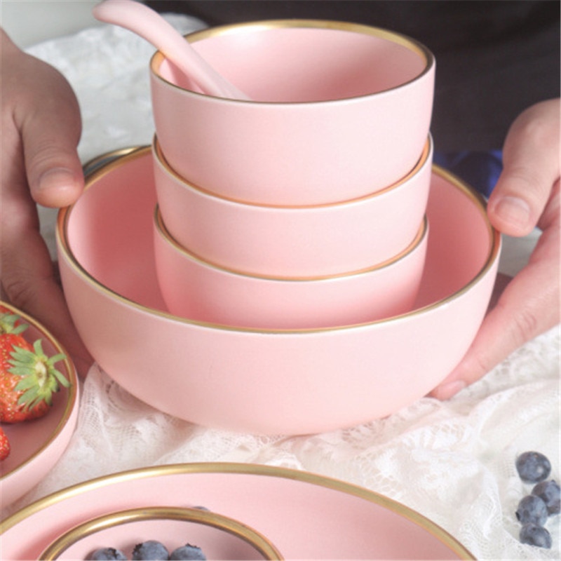 Massiv lyserød keramisk plade gylden kant maleri porcelæn skål plade ske servise sæt vestlig bøf bakke snack retter plade