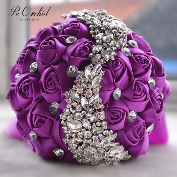 PEORCHID De cristal rojo ramo De la boda Flores para novia Rosa De satén rosa/Borgoña De Ramos De Flores Novias diamante broche De ramillete nupcial: Púrpura