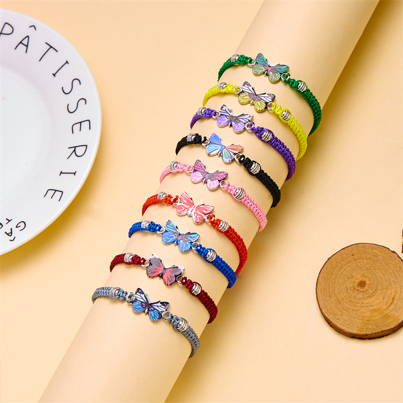 Pulsera de cuerda trenzada hecha a mano para mujer, pulseras con colgante de animales y mariposas coloridas, de joyería para