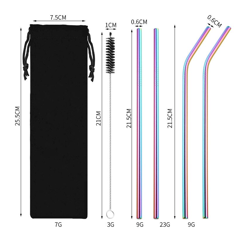 Food Grade Eco-Friendly 304 Stainless Steel Metal Straw Set with Cleaning Brush Convenient Party Milk Tea Drink Straw Reusable: D