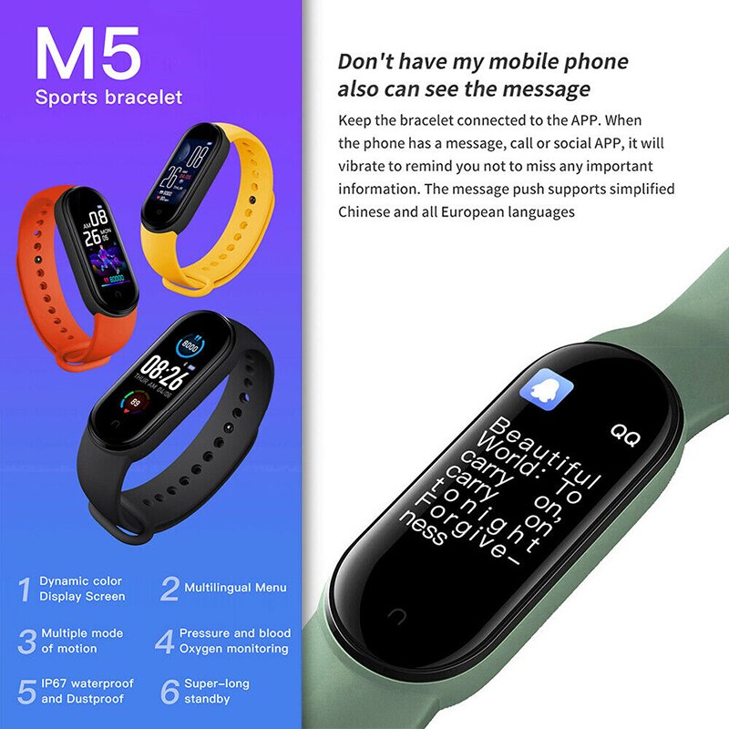 2021 M5 Smart Sport Watch Fitness Tracker pedometro cardiofrequenzimetro Monitor per la pressione sanguigna Bluetooth Smart Watch bracciali uomo donna