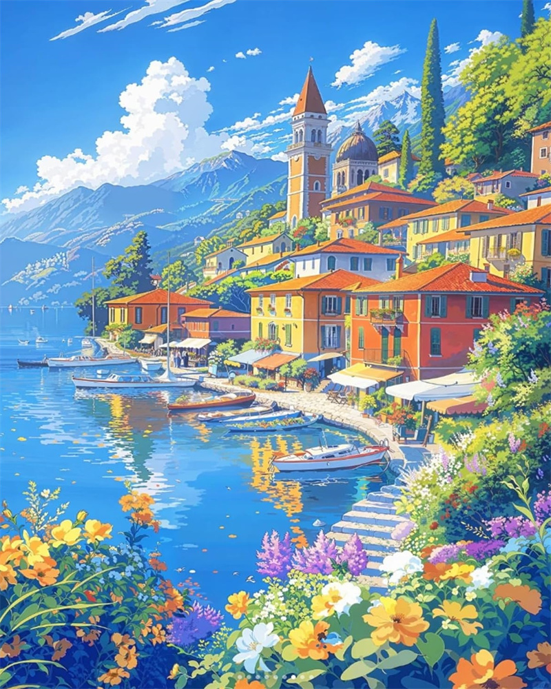 Schilderen op nummer Kits Italiaanse kuststadscène Artistieke achtergrond Digitaal olieverfschilderij Landschap Kleuren Artcraft Handverf: Light Grey / 40x50cm