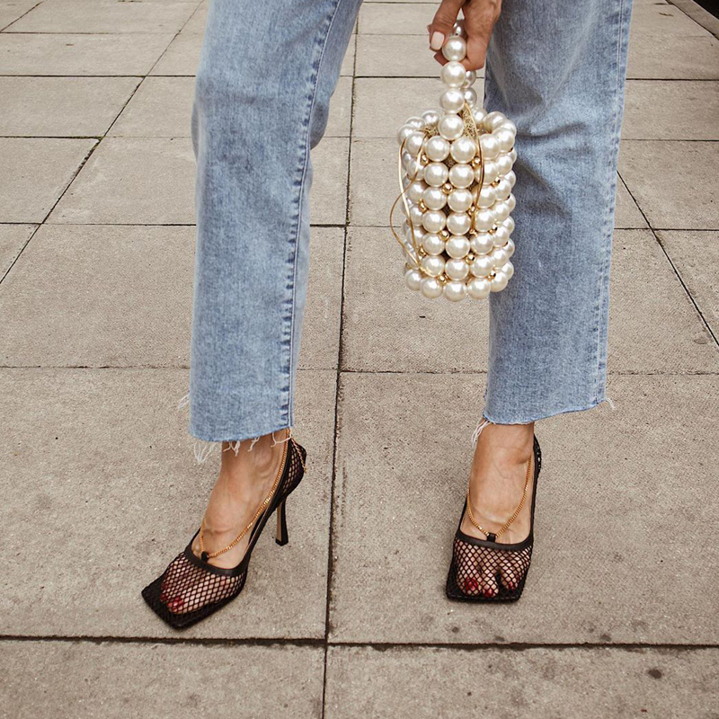 Monmoira vintage square toe stretch pumps kvinder guld kæde høje hæle sko kvinder air mesh dame sko swb 0224