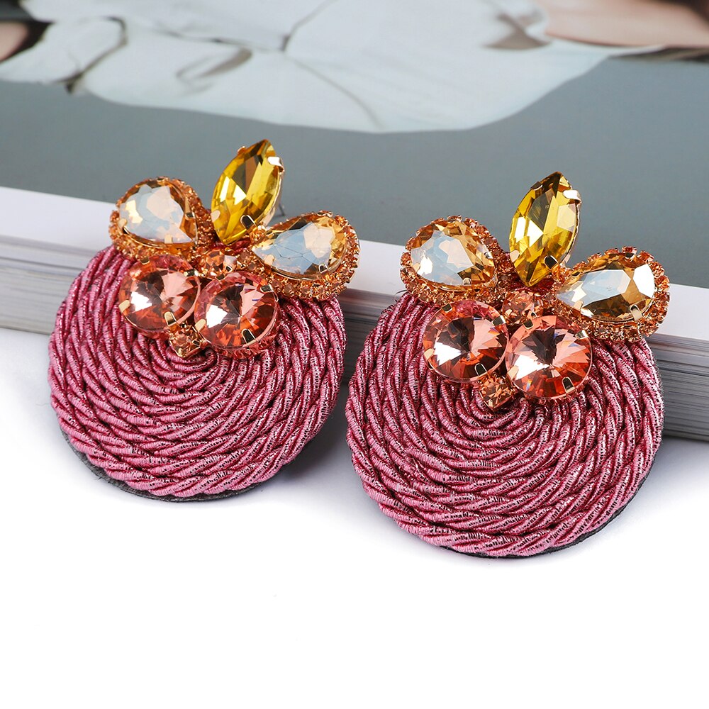 Ethnic Style Cotton Cord Weave Round Ear Accessories Vintage Sparkly Crystal Dangle Earrings For Women Luxury Jewelry: 40
