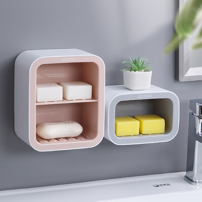 ECOCO Double Drawer Wall Mounted Soap Dish Box Bathroom Shower Soap Holder Tray Storage Rack Shelf Bathroom Accessories