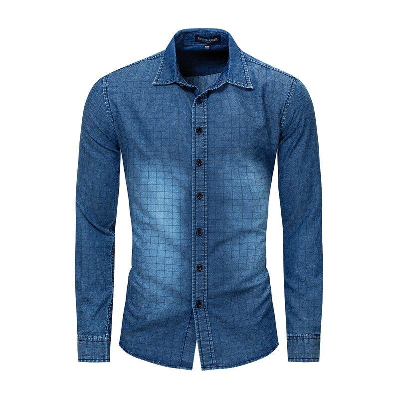 Forår sommer efterår denim jean skjorte bomuld vasket plaid ternet skjorte langærmede fritidsskjorter mandlige cowboy blåt tøj: Xxxl