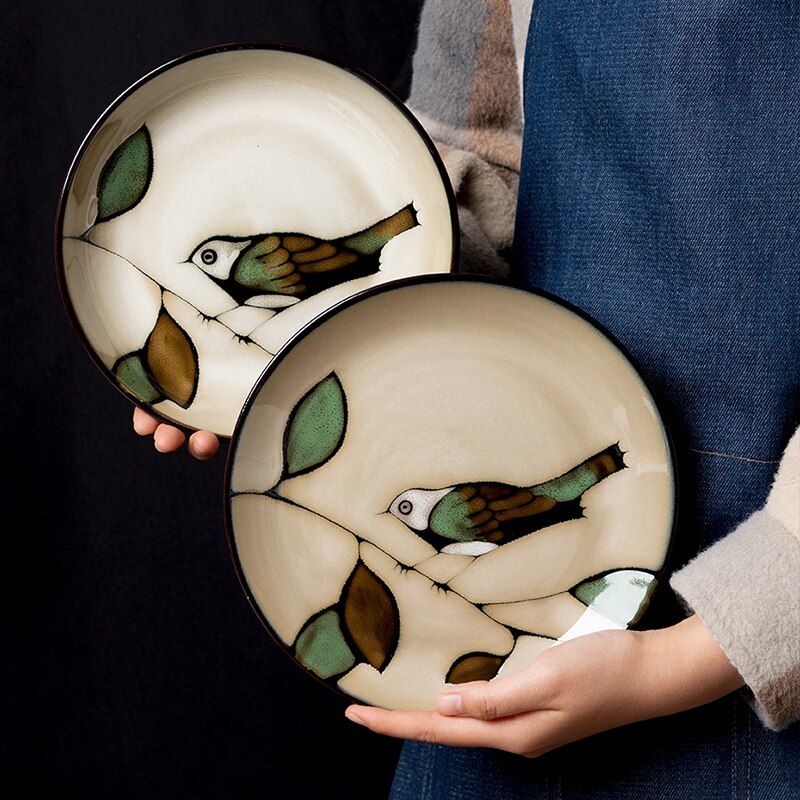 Vintage Handpainted Bird Plates Underglaze Ceramic Dinner Serving Dishes Salad Rice Soup Bowls Kitchen Dinnerware Microwave Safe