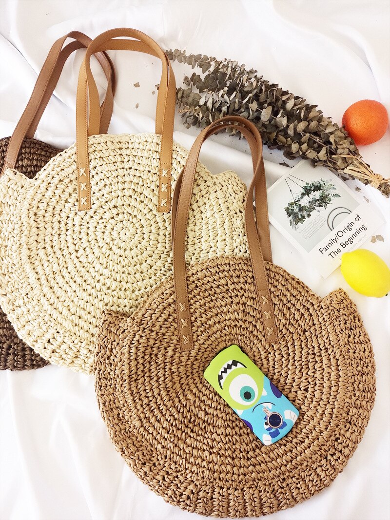 precioso bolso redondo de paja para mujer, bohemio, informal, de verano, tejido a mano, redondo, de mimbre, bolsos de playa, bolso de hombro de paja a la para mujer