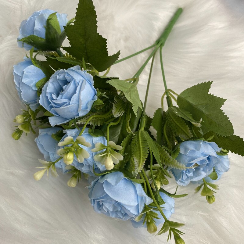 Artificial Silk Peony Gypsophila Bouquet Wedding Bride Holding Flowers Home Living Room Garden Desktop Flower Arrangement Decor: Light blue