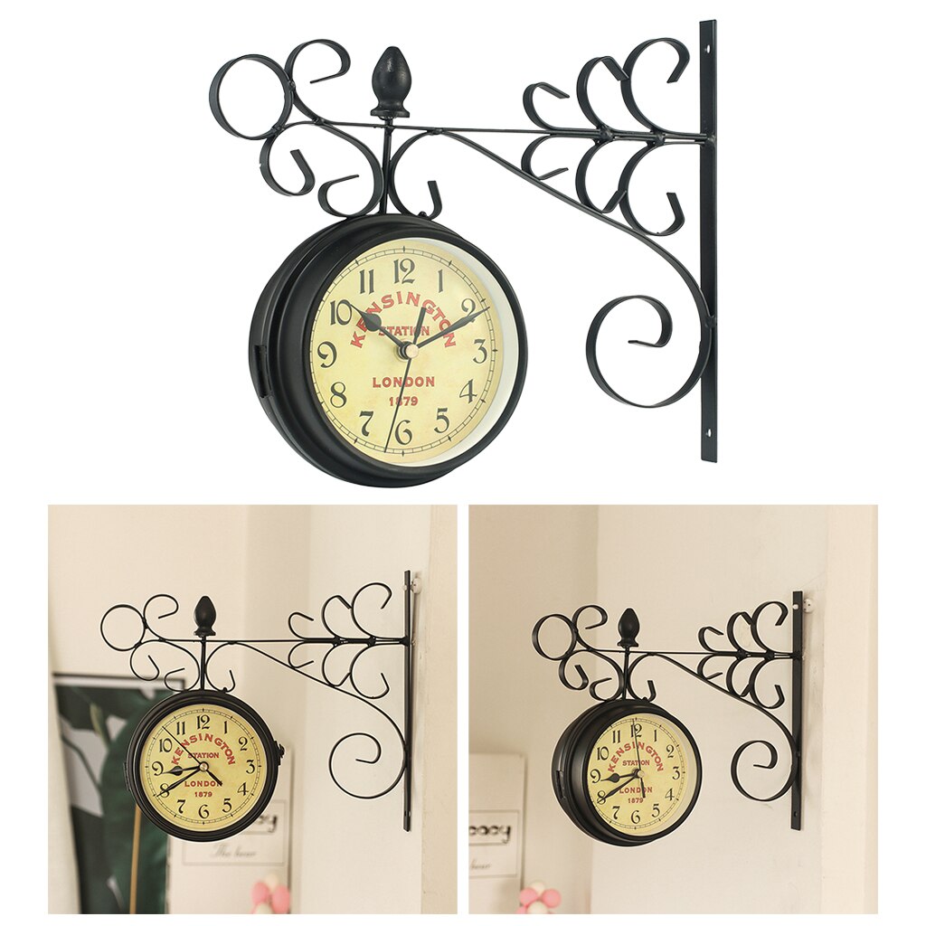 Art Double Sided Wall Clock Train Station Round Wall Garden Living Room