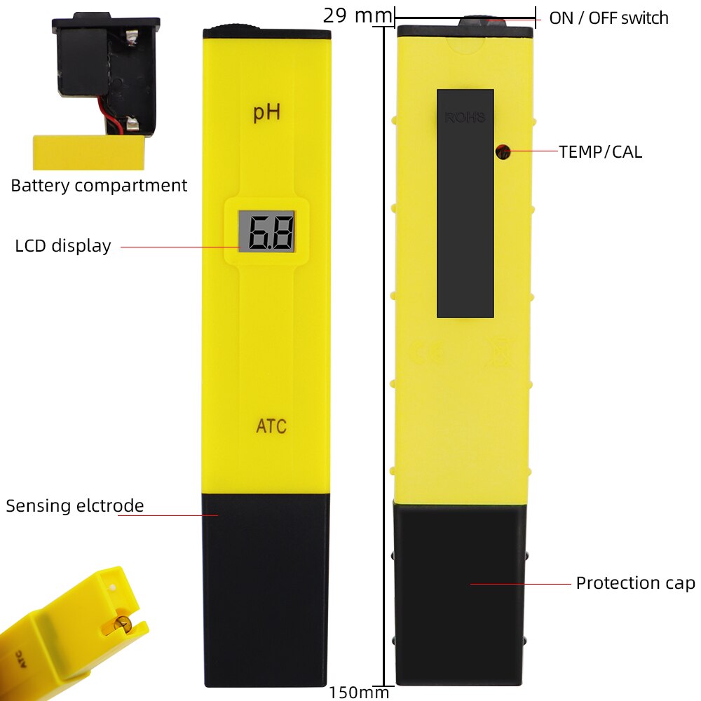 Digital Pocket Pen Water PH Meter Tester Measure Range 0.0-14.0pH Water PH Tester for Drinking Pool and Aquarium
