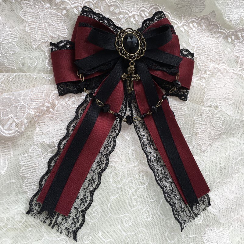 Lolita-accessoires pour cheveux gothiques, vent, rouge Diablo, noir, garniture en dentelle nœud papillon, Vintage, magnifique bijou, coiffure croisée: Brooch