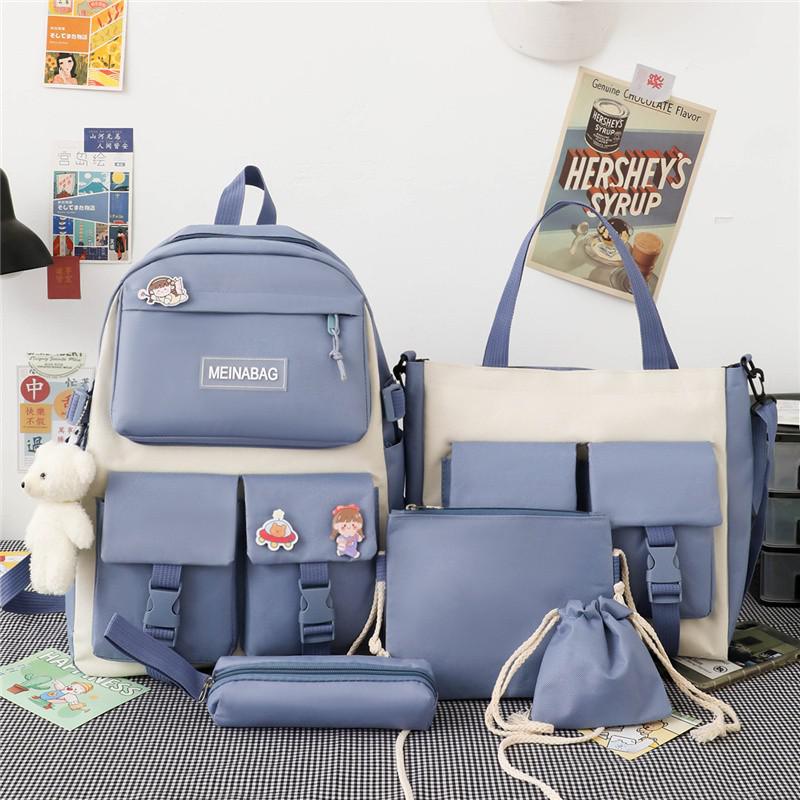 5 Stck einstellen Kontrast Farbe Frauen Rucksack Mehrere Taschen Große Kapazität Schule Tasche Für Mädchen Nylon Wasserdichte Reise Rucksäcke: Blau