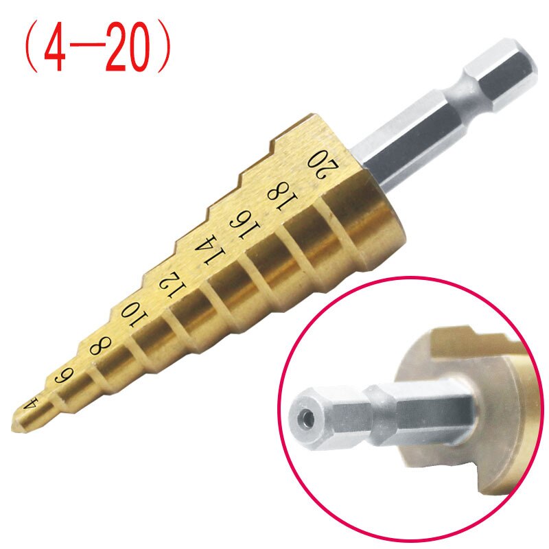 1pc Step Drill Bit Hss Titanium Coated Step Cone Metal Hole Cutter 4-12/20mm Metal Hex Tapered Drill Power Tools Accessories: 4-20