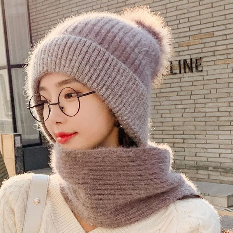 Vinter tykk pluss kashmir varm lue kvinneskjerf fuskepels pomponger vinter kvinners strikke lue ull hatt ski 2 sett