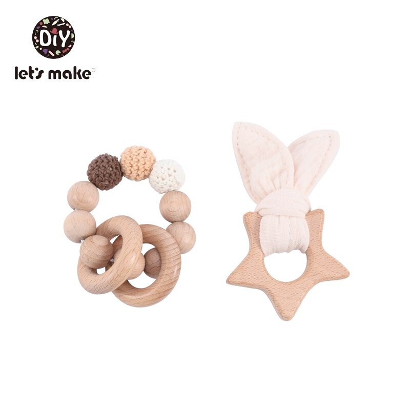 Lad os lave babybider legetøj bpa gratis 2 stk/sæt armbånd bøg ring kanin øre dyr tegneserie blomst gnaver bider: Beige sæt